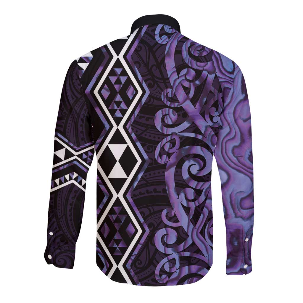 Purple Aotearoa Long Sleeve Button Shirt Taniko Motifs With Paua Shell Kowhaiwhai