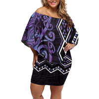 Purple Aotearoa Off Shoulder Short Dress Taniko Motifs With Paua Shell Kowhaiwhai