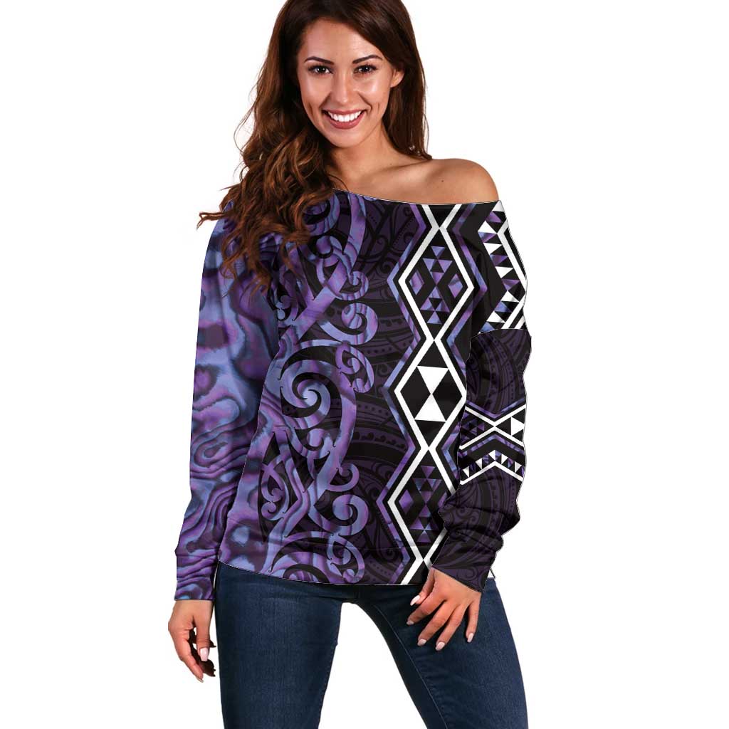 Purple Aotearoa Off Shoulder Sweater Taniko Motifs With Paua Shell Kowhaiwhai