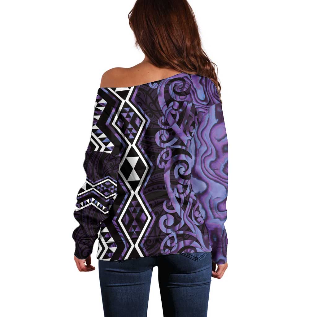 Purple Aotearoa Off Shoulder Sweater Taniko Motifs With Paua Shell Kowhaiwhai