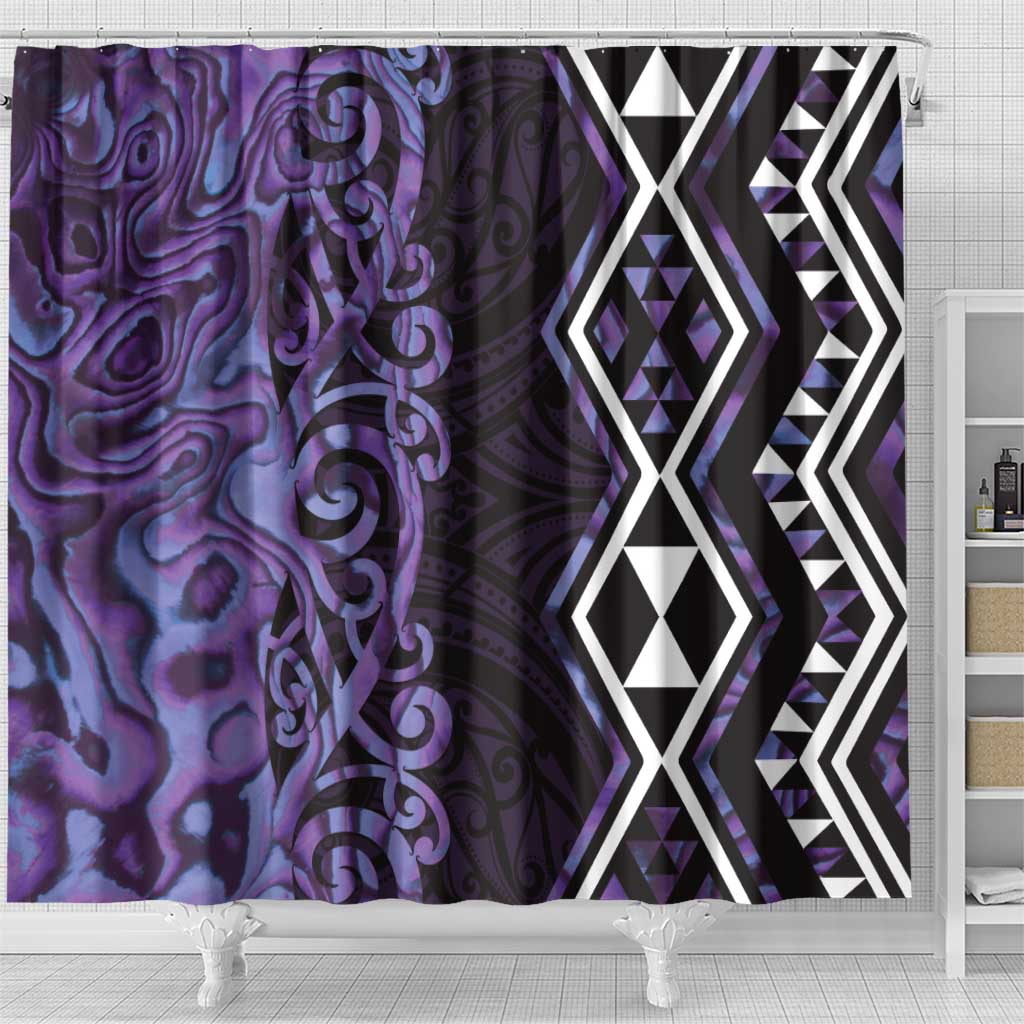 Purple Aotearoa Shower Curtain Taniko Motifs With Paua Shell Kowhaiwhai
