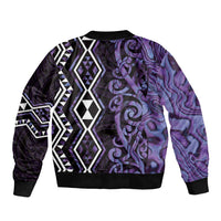 Purple Aotearoa Sleeve Zip Bomber Jacket Taniko Motifs With Paua Shell Kowhaiwhai
