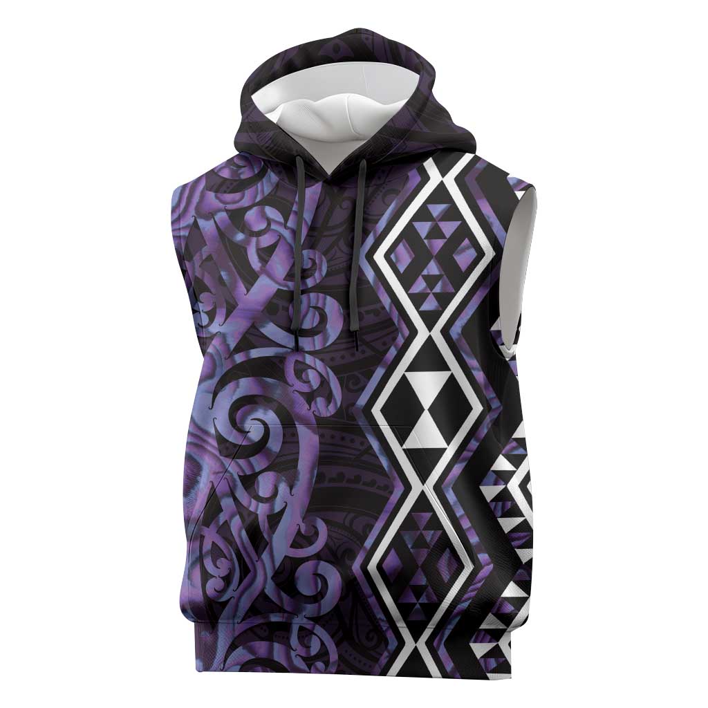 Purple Aotearoa Sleeveless Hoodie Taniko Motifs With Paua Shell Kowhaiwhai - Polynesian Pride