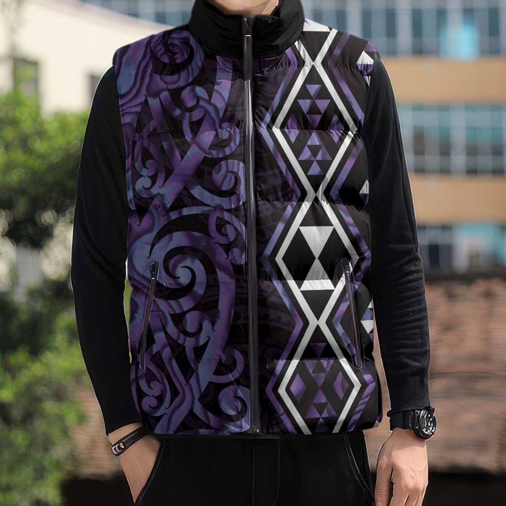Purple Aotearoa Sleeveless Puffer Jacket Taniko Motifs With Paua Shell Kowhaiwhai - Polynesian Pride
