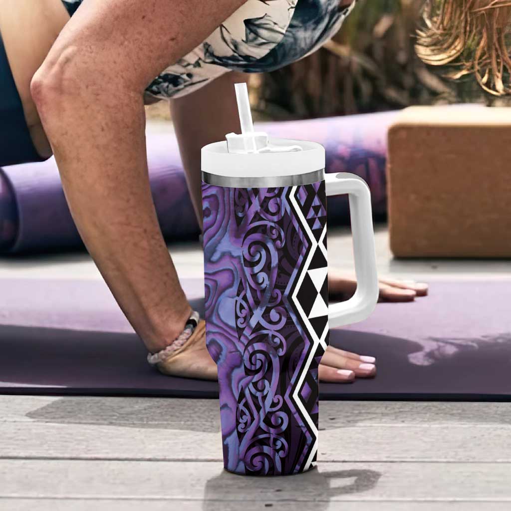 Purple Aotearoa Tumbler With Handle Taniko Motifs With Paua Shell Kowhaiwhai