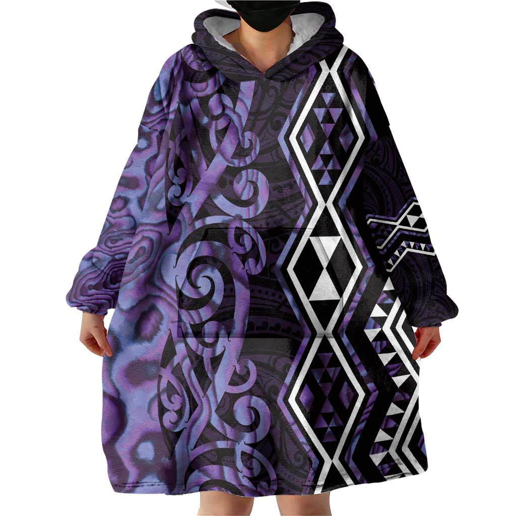 Purple Aotearoa Wearable Blanket Hoodie Taniko Motifs With Paua Shell Kowhaiwhai