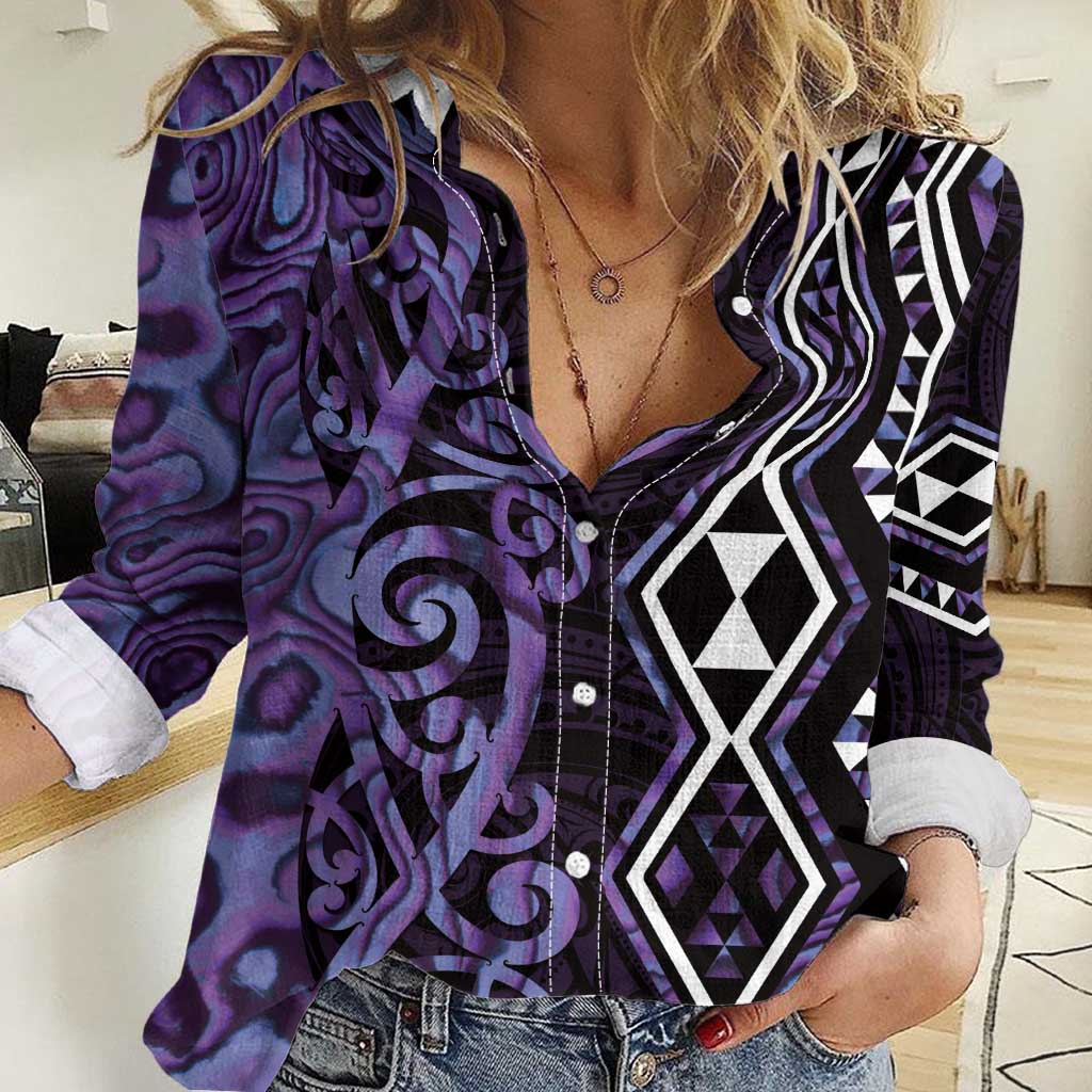 Purple Aotearoa Women Casual Shirt Taniko Motifs With Paua Shell Kowhaiwhai
