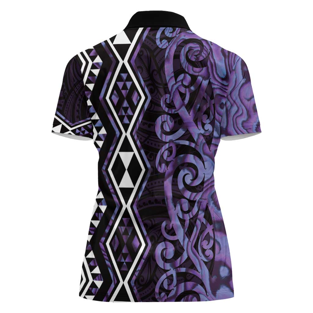 Purple Aotearoa Women Polo Shirt Taniko Motifs With Paua Shell Kowhaiwhai