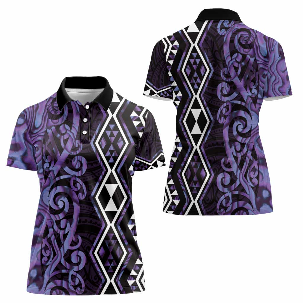 Purple Aotearoa Women Polo Shirt Taniko Motifs With Paua Shell Kowhaiwhai