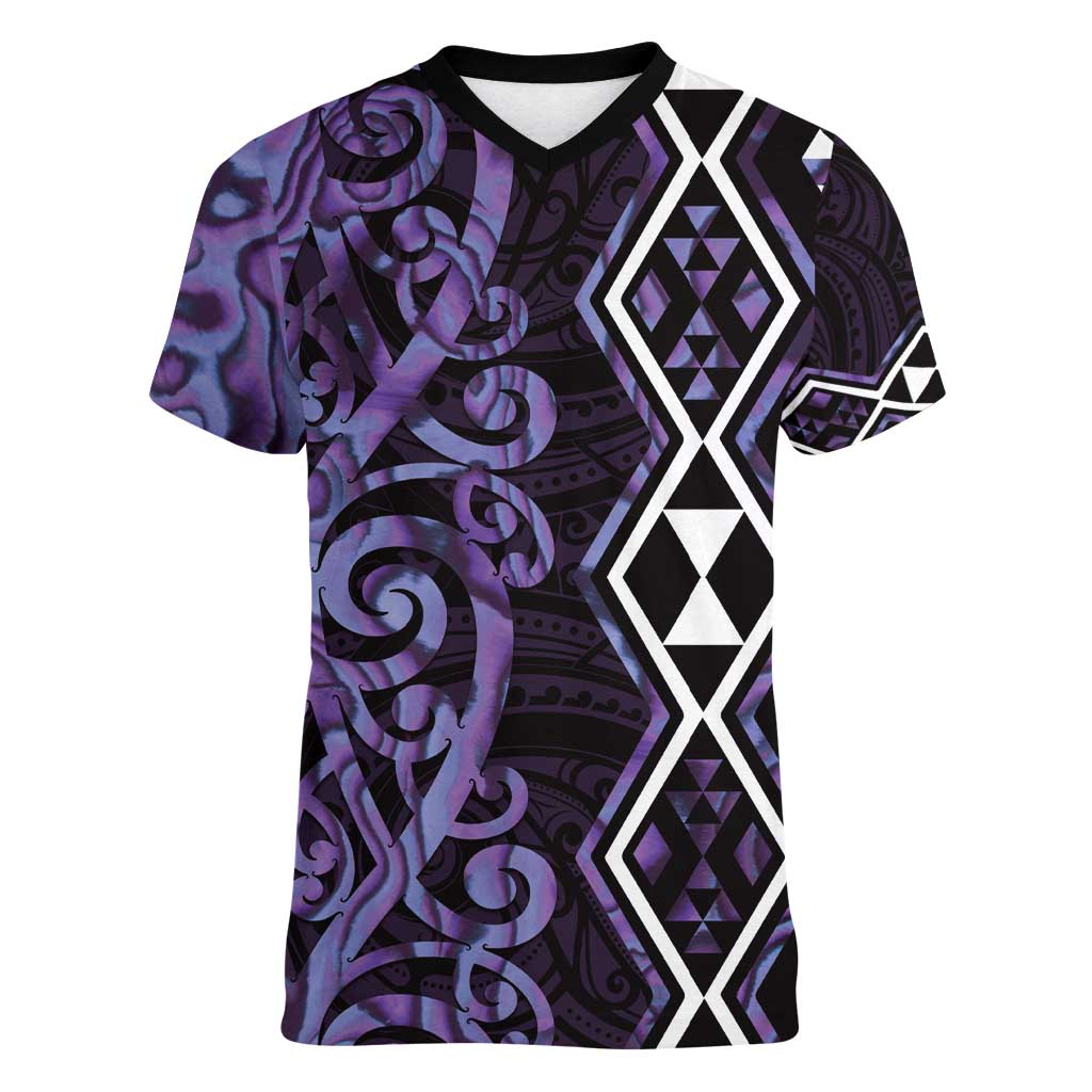 Purple Aotearoa Women V-Neck T-Shirt Taniko Motifs With Paua Shell Kowhaiwhai LT14 Female Purple - Polynesian Pride