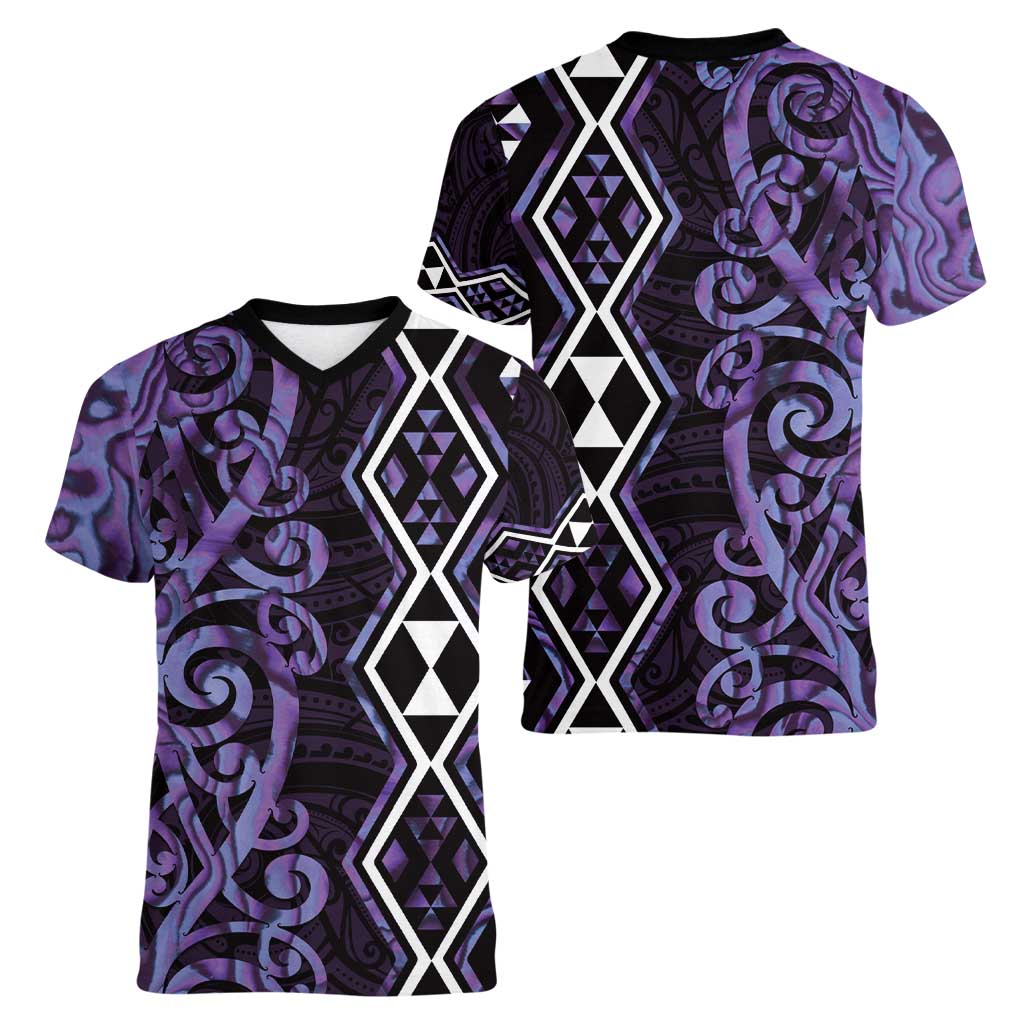 Purple Aotearoa Women V-Neck T-Shirt Taniko Motifs With Paua Shell Kowhaiwhai LT14 - Polynesian Pride