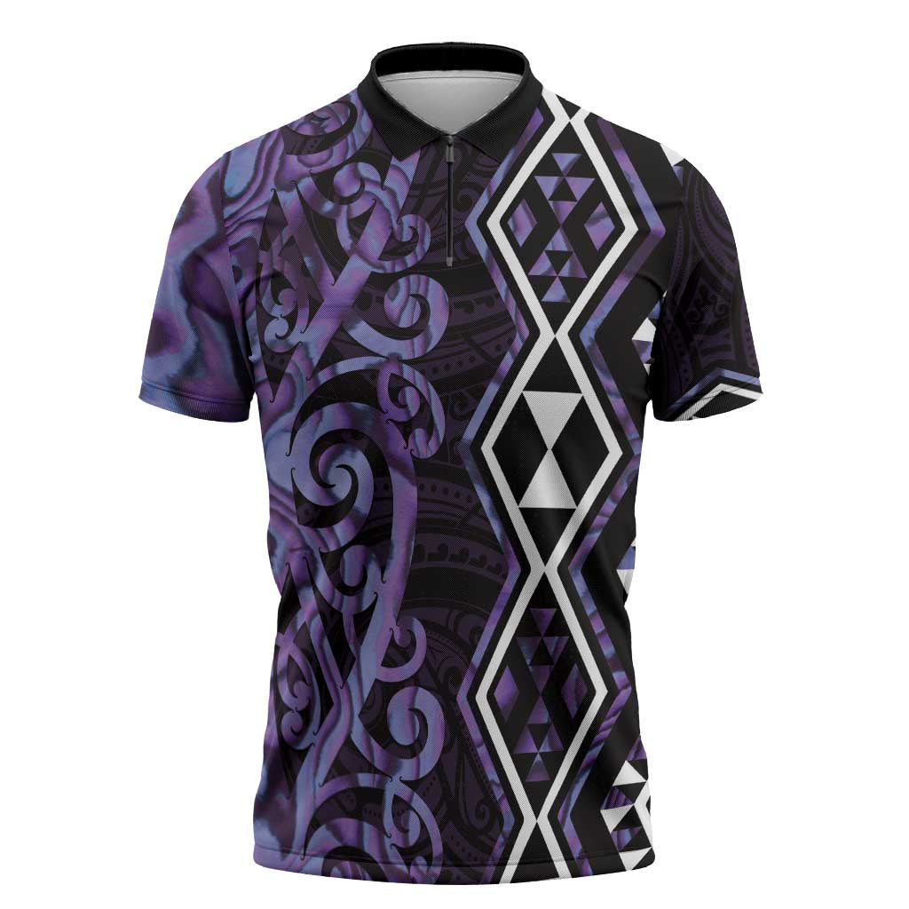 Purple Aotearoa Zipper Polo Shirt Taniko Motifs With Paua Shell Kowhaiwhai LT14 Purple - Polynesian Pride