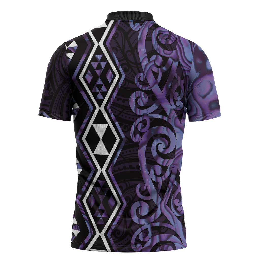 Purple Aotearoa Zipper Polo Shirt Taniko Motifs With Paua Shell Kowhaiwhai LT14 - Polynesian Pride