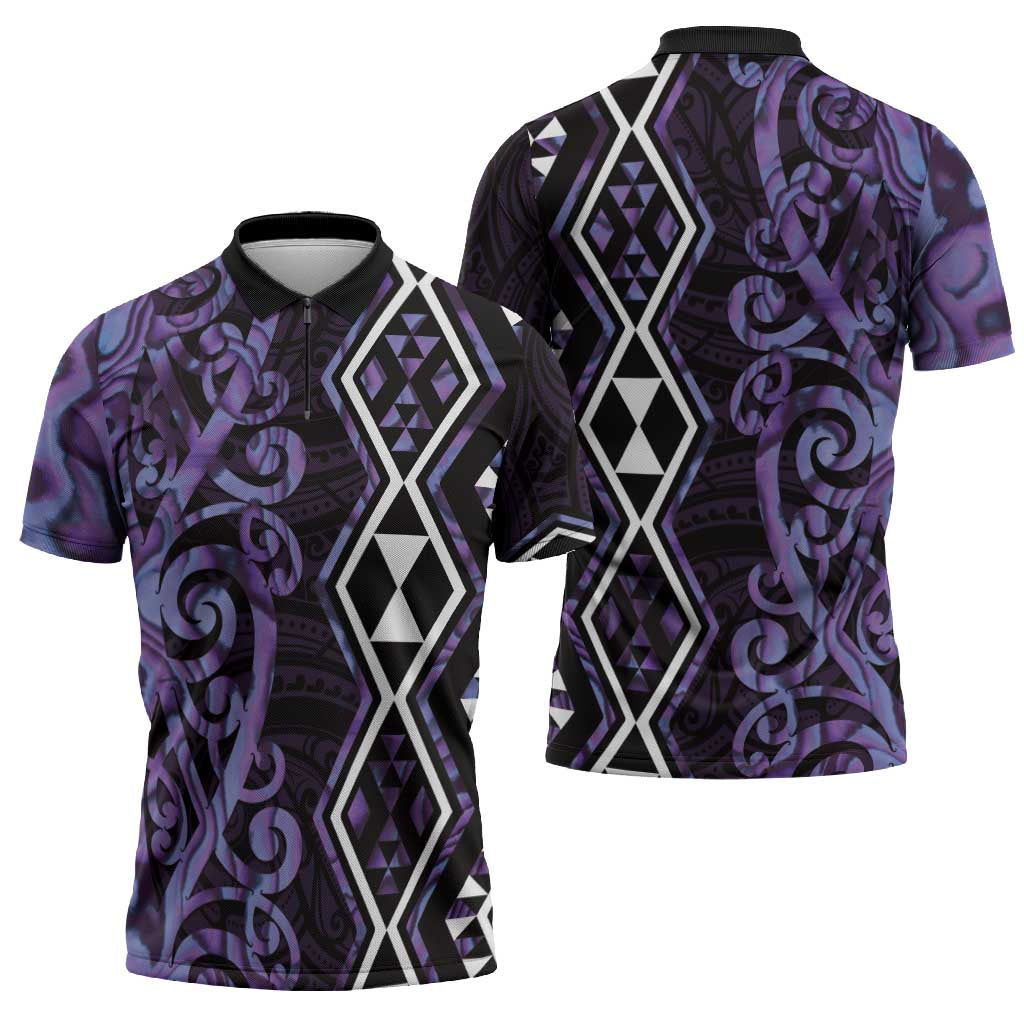 Purple Aotearoa Zipper Polo Shirt Taniko Motifs With Paua Shell Kowhaiwhai LT14 - Polynesian Pride