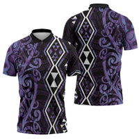Purple Aotearoa Zipper Polo Shirt Taniko Motifs With Paua Shell Kowhaiwhai LT14 - Polynesian Pride