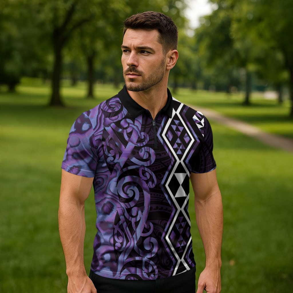Purple Aotearoa Zipper Polo Shirt Taniko Motifs With Paua Shell Kowhaiwhai LT14 - Polynesian Pride
