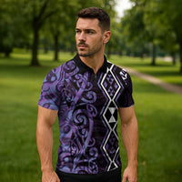 Purple Aotearoa Zipper Polo Shirt Taniko Motifs With Paua Shell Kowhaiwhai LT14 - Polynesian Pride