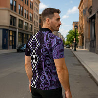 Purple Aotearoa Zipper Polo Shirt Taniko Motifs With Paua Shell Kowhaiwhai LT14 - Polynesian Pride
