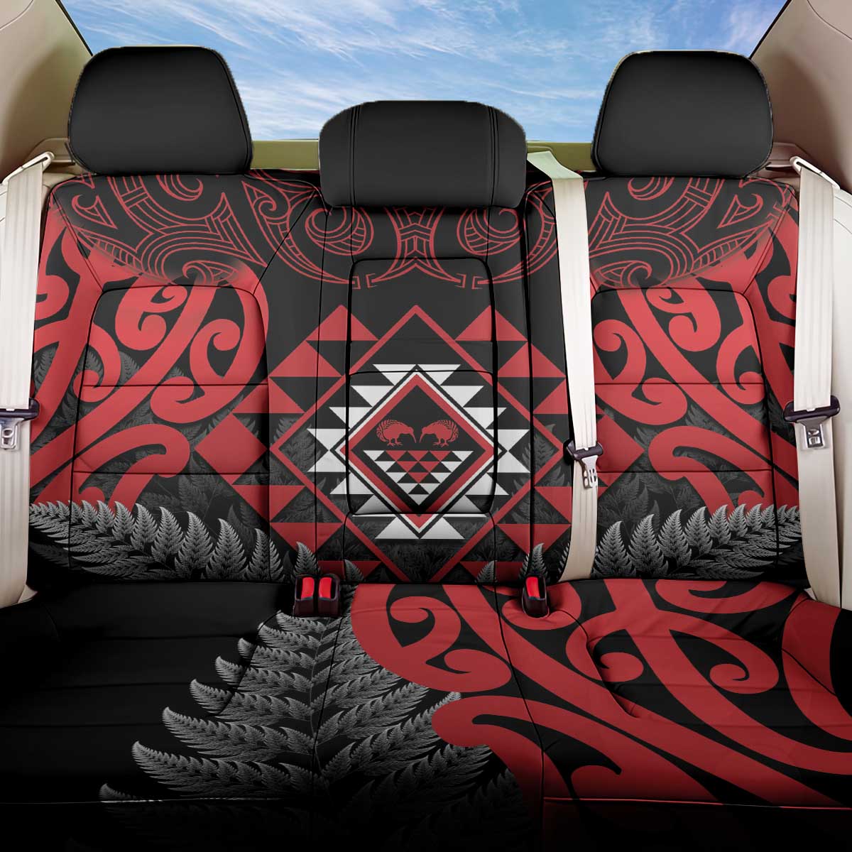 Aotearoa Kiwi Taniko Back Car Seat Cover Silver Fern With Maori Koru Pattern LT14 One Size Red - Polynesian Pride