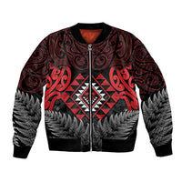 Aotearoa Kiwi Taniko Bomber Jacket Silver Fern With Maori Koru Pattern