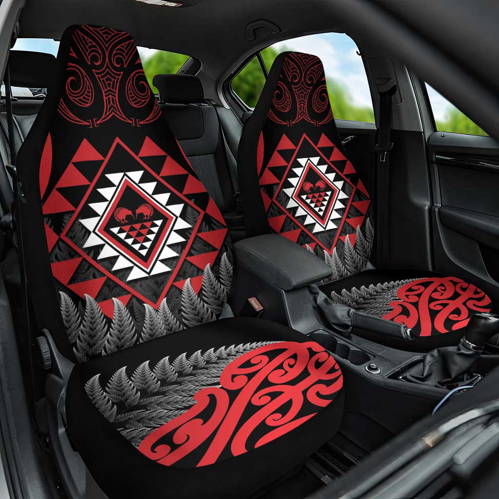 Aotearoa Kiwi Taniko Car Seat Cover Silver Fern With Maori Koru Pattern LT14 One Size Red - Polynesian Pride