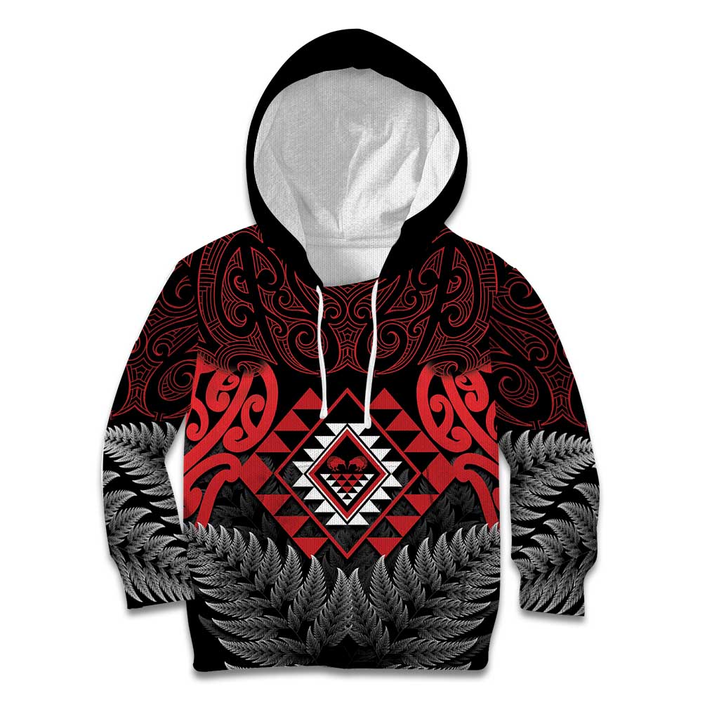 Aotearoa Kiwi Taniko Kid Hoodie Silver Fern With Maori Koru Pattern LT14 Hoodie Red - Polynesian Pride