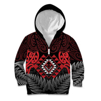 Aotearoa Kiwi Taniko Kid Hoodie Silver Fern With Maori Koru Pattern LT14 Zip Hoodie Red - Polynesian Pride