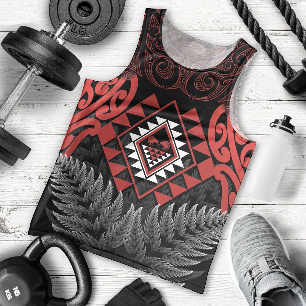 Aotearoa Kiwi Taniko Men Tank Top Silver Fern With Maori Koru Pattern
