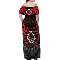Aotearoa Kiwi Taniko Off Shoulder Maxi Dress Silver Fern With Maori Koru Pattern