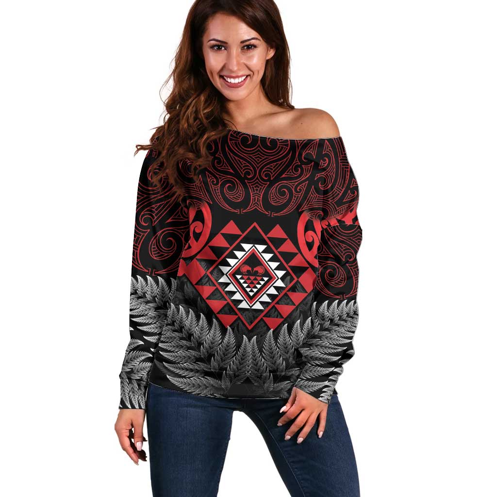 Aotearoa Kiwi Taniko Off Shoulder Sweater Silver Fern With Maori Koru Pattern