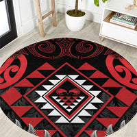 Aotearoa Kiwi Taniko Round Carpet Silver Fern With Maori Koru Pattern LT14 Red - Polynesian Pride