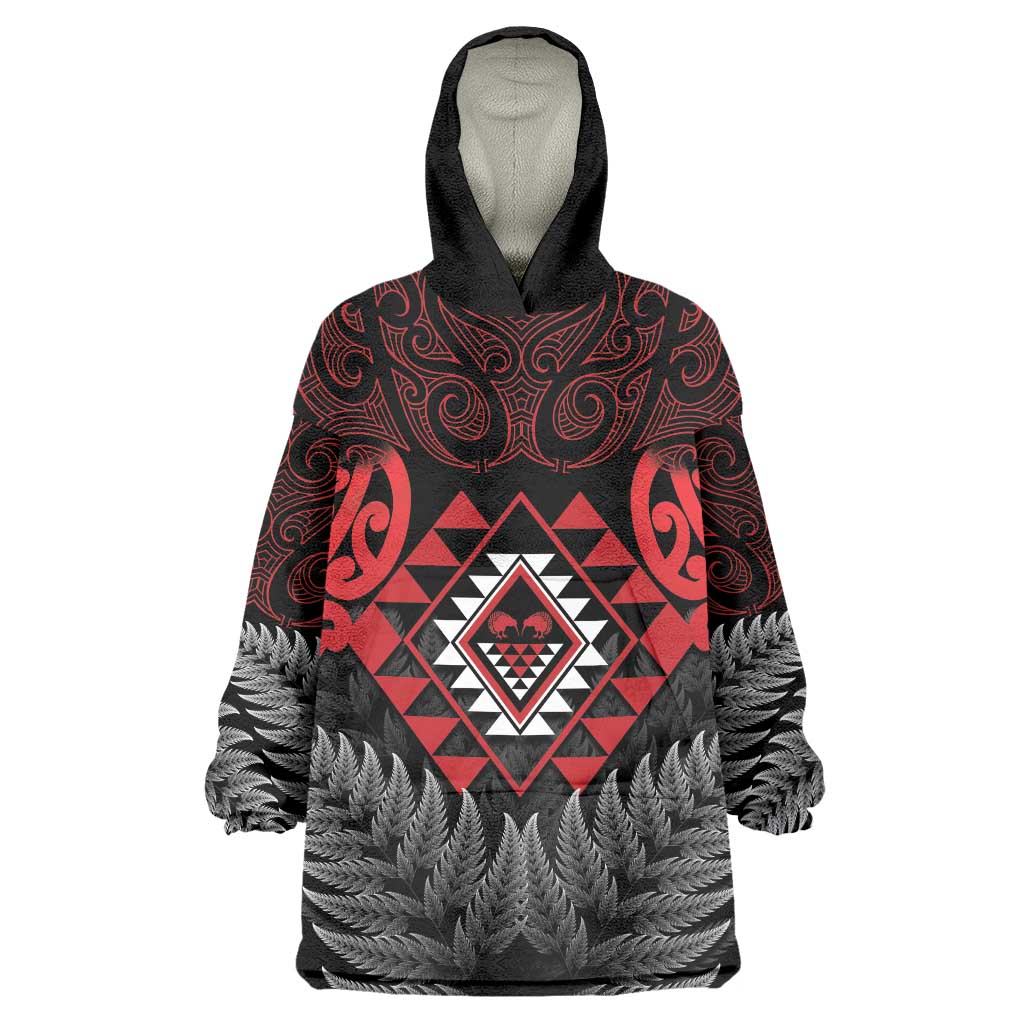 Aotearoa Kiwi Taniko Wearable Blanket Hoodie Silver Fern With Maori Koru Pattern