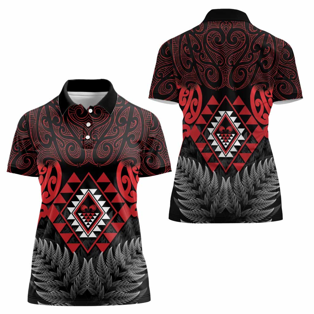 Aotearoa Kiwi Taniko Women Polo Shirt Silver Fern With Maori Koru Pattern