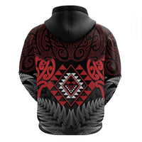 Aotearoa Kiwi Taniko Zip Hoodie Silver Fern With Maori Koru Pattern