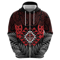 Aotearoa Kiwi Taniko Zip Hoodie Silver Fern With Maori Koru Pattern