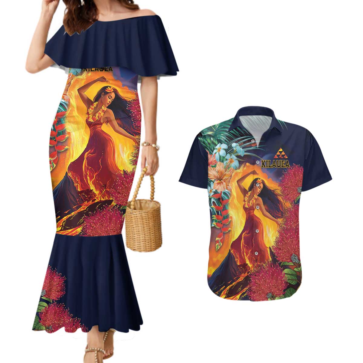 Hawaii Kilauea Big Islands Couples Matching Mermaid Dress and Hawaiian Shirt Pele Goddess With Tropical Flowers