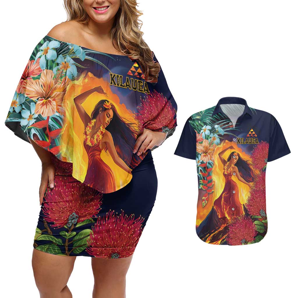 Hawaii Kilauea Big Islands Couples Matching Off Shoulder Short Dress and Hawaiian Shirt Pele Goddess With Tropical Flowers
