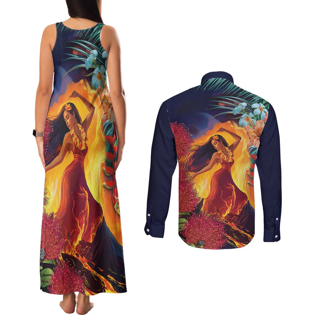 Hawaii Kilauea Big Islands Couples Matching Tank Maxi Dress and Long Sleeve Button Shirt Pele Goddess With Tropical Flowers