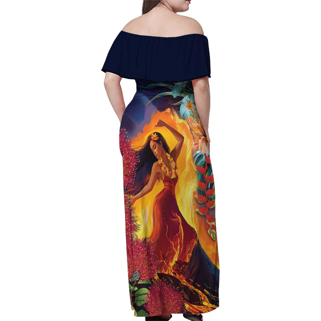 Hawaii Kilauea Big Islands Family Matching Off Shoulder Maxi Dress and Hawaiian Shirt Pele Goddess With Tropical Flowers