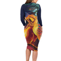 Hawaii Kilauea Big Islands Long Sleeve Bodycon Dress Pele Goddess With Tropical Flowers