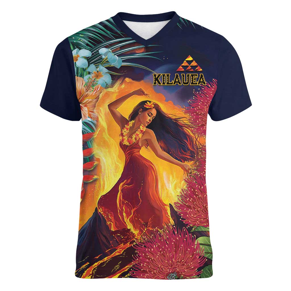 Hawaii Kilauea Big Islands Women V-Neck T-Shirt Pele Goddess With Tropical Flowers LT14 Female Art - Polynesian Pride