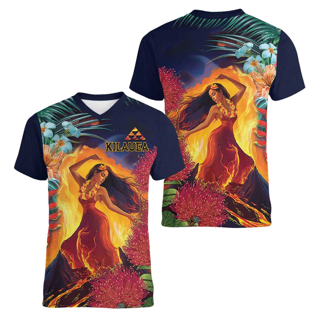 Hawaii Kilauea Big Islands Women V-Neck T-Shirt Pele Goddess With Tropical Flowers LT14 - Polynesian Pride