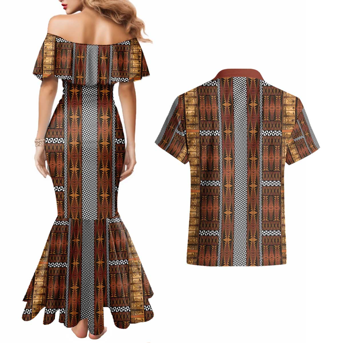 Malo e Lelei Tonga Couples Matching Mermaid Dress and Hawaiian Shirt Tongan Ngatu Tapa Cloth LT14 - Polynesian Pride