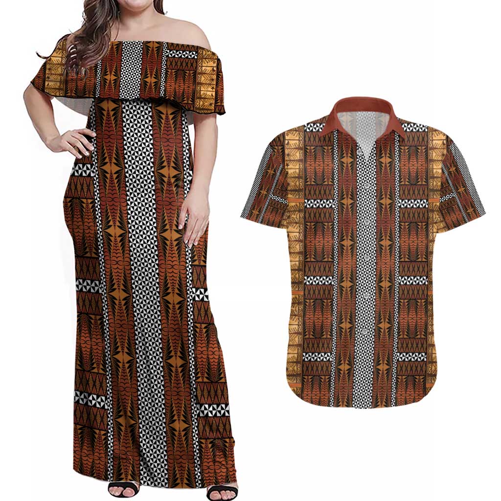Malo e Lelei Tonga Couples Matching Off Shoulder Maxi Dress and Hawaiian Shirt Tongan Ngatu Tapa Cloth - Polynesian Pride