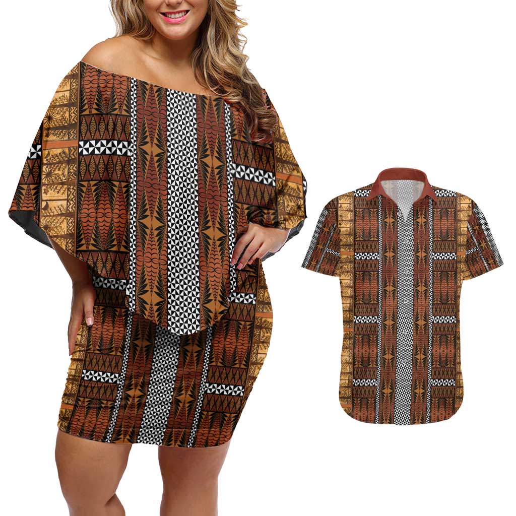 Malo e Lelei Tonga Couples Matching Off Shoulder Short Dress and Hawaiian Shirt Tongan Ngatu Tapa Cloth LT14 Orange - Polynesian Pride