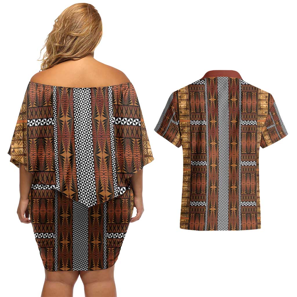 Malo e Lelei Tonga Couples Matching Off Shoulder Short Dress and Hawaiian Shirt Tongan Ngatu Tapa Cloth LT14 - Polynesian Pride