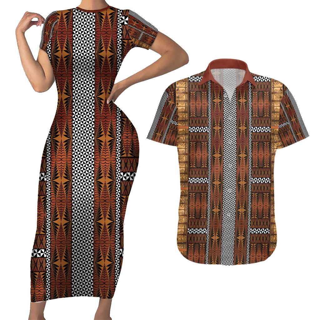 Malo e Lelei Tonga Couples Matching Short Sleeve Bodycon Dress and Hawaiian Shirt Tongan Ngatu Tapa Cloth LT14 Orange - Polynesian Pride