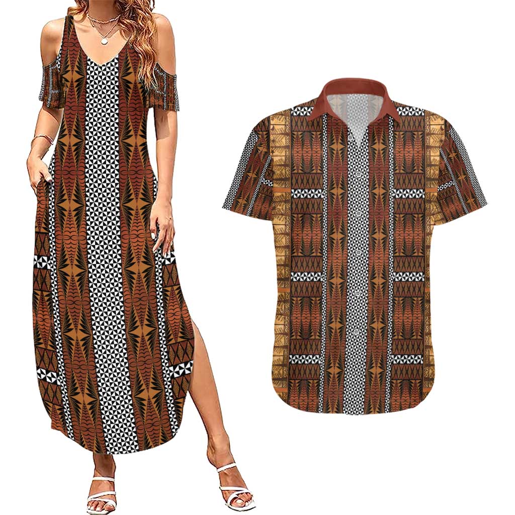 Malo e Lelei Tonga Couples Matching Summer Maxi Dress and Hawaiian Shirt Tongan Ngatu Tapa Cloth LT14 Orange - Polynesian Pride
