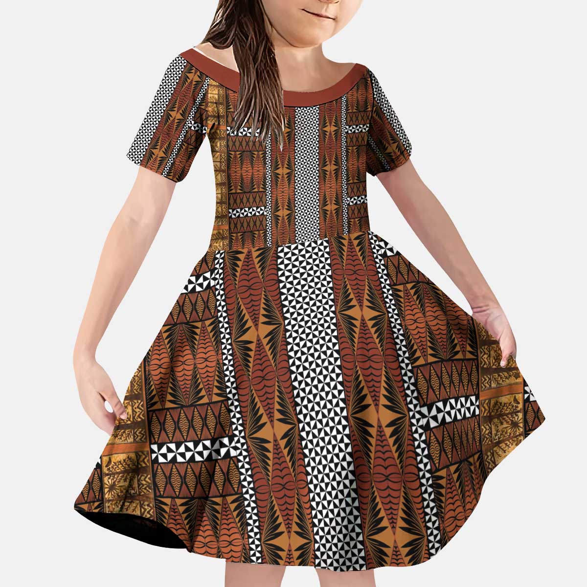 Malo e Lelei Tonga Kid Short Sleeve Dress Tongan Ngatu Tapa Cloth - Polynesian Pride