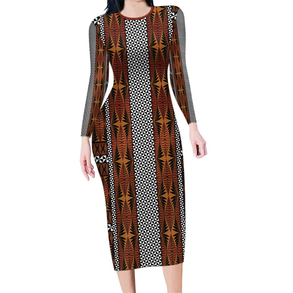Malo e Lelei Tonga Long Sleeve Bodycon Dress Tongan Ngatu Tapa Cloth - Polynesian Pride